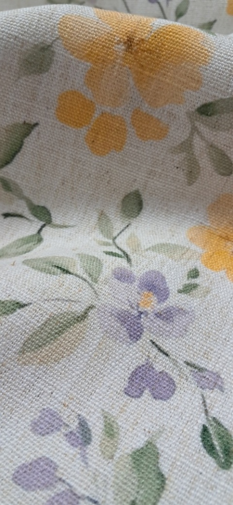 TKANINA JAK LEN KWIATKI ŻÓŁTE FIOLETOWE