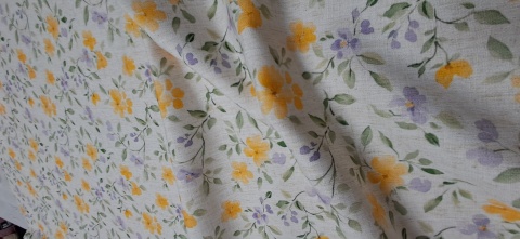 TKANINA JAK LEN KWIATKI ŻÓŁTE FIOLETOWE