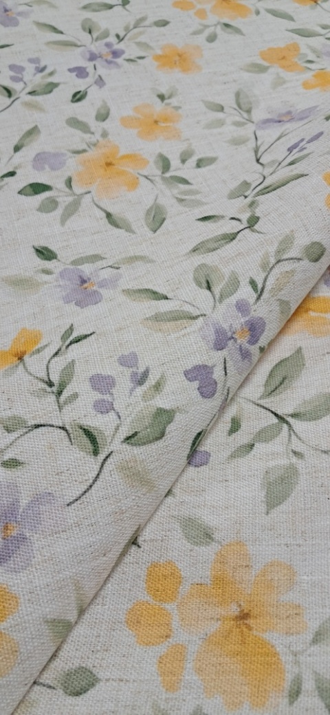 TKANINA JAK LEN KWIATKI ŻÓŁTE FIOLETOWE