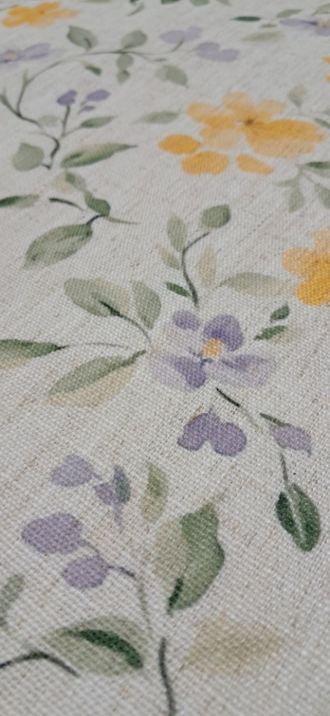 TKANINA JAK LEN KWIATKI ŻÓŁTE FIOLETOWE