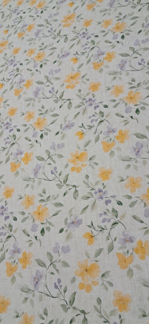TKANINA JAK LEN KWIATKI ŻÓŁTE FIOLETOWE