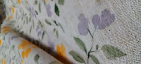 TKANINA JAK LEN KWIATKI ŻÓŁTE FIOLETOWE