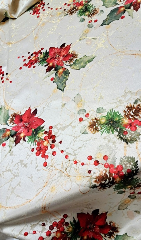 TKANINA OBRUSOWA PERŁOWE TŁO GWIAZDY BETLEJEMSKIE